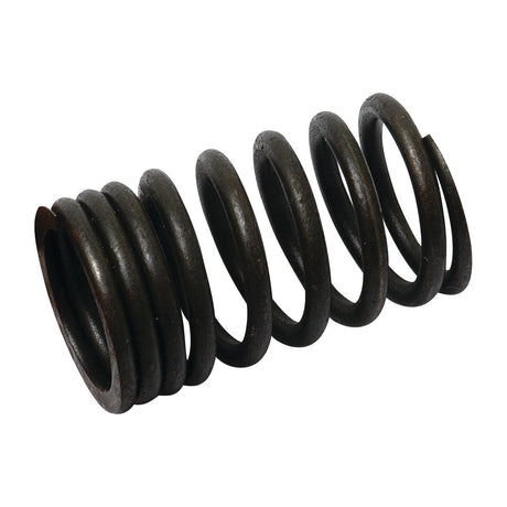 A close-up of a Sparex Valve Spring - Outer, part number S.65708, showcasing its dark-colored metal coil with a helical design, lying horizontally on a plain white background.