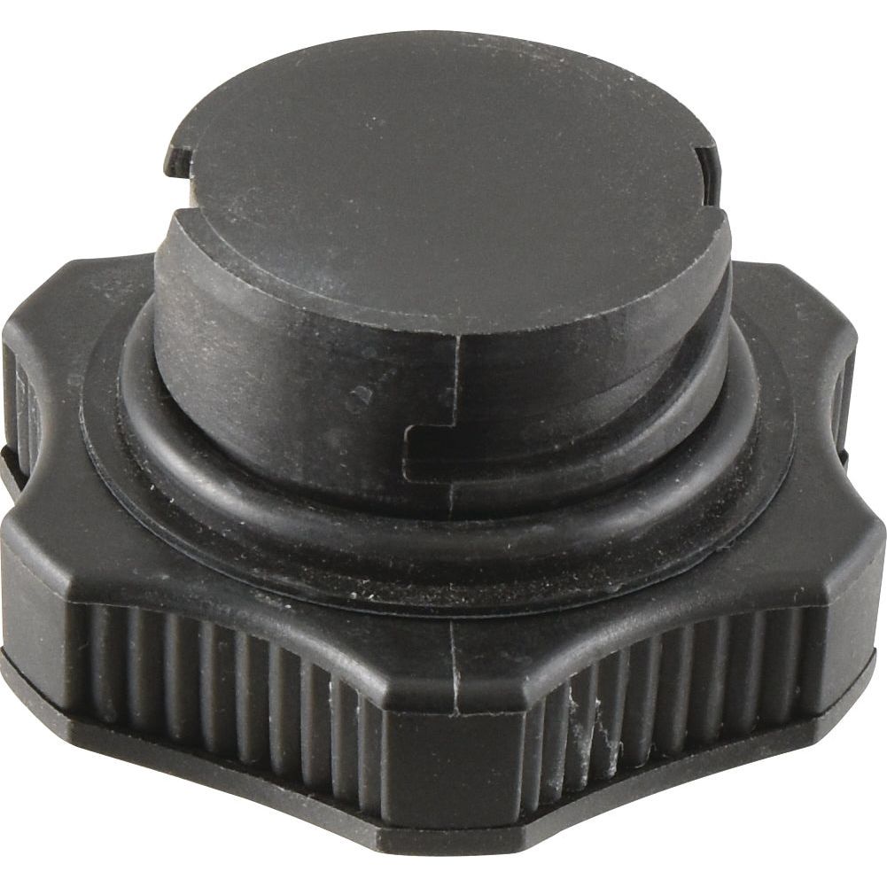 Close-up of the Sparex Engine Oil Cap, Part No. S.65710, featuring a black plastic knob with a grooved edge and a circular, slightly raised center section. The top edge of the knob has notches that resemble a John Deere engine oil cap.