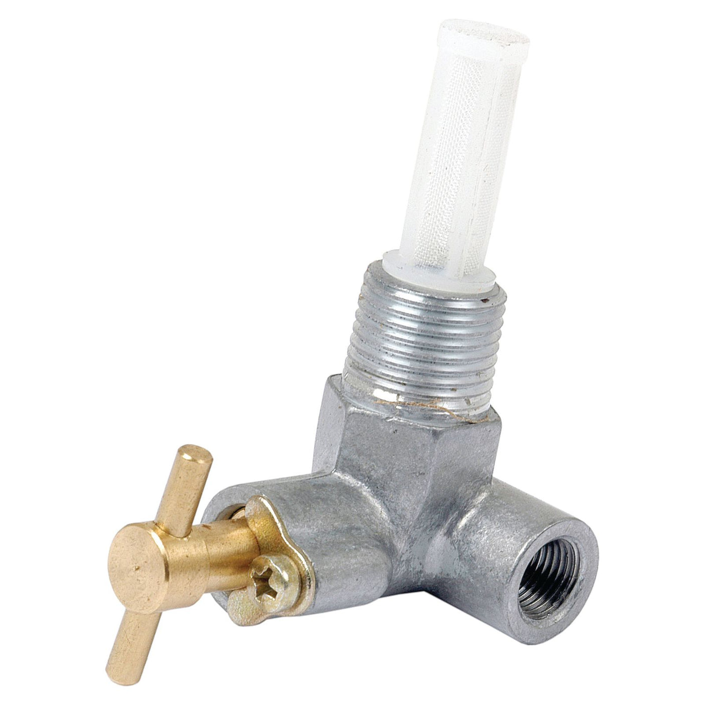 A Sparex Fuel Tap (Sparex Part No. S.65714) featuring a metal fuel shut-off valve with a brass alternative handle and a cylindrical filter on top.