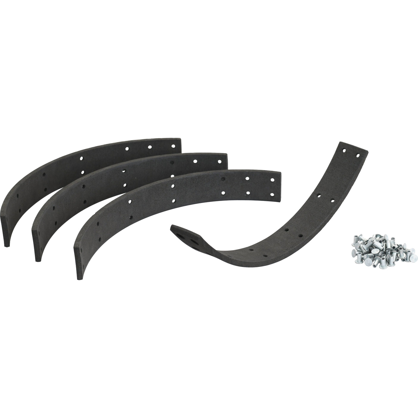 A set of four black, curved metal bands with numerous evenly spaced riveted holes, labeled as the "Brake Lining Kit Shoe," measuring 350mm in length (Sparex Part No. S.65721), accompanied by a small pile of screws on the right.