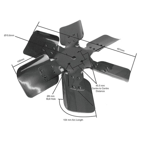 The Sparex Fan Blade (Part No. S.65730) is a six-blade metal fan designed for Ford New Holland models, featuring detailed dimensions such as blade size, bolt hole placement, center-to-center distances, and arc length. It includes one central hole and additional surrounding holes for secure mounting.