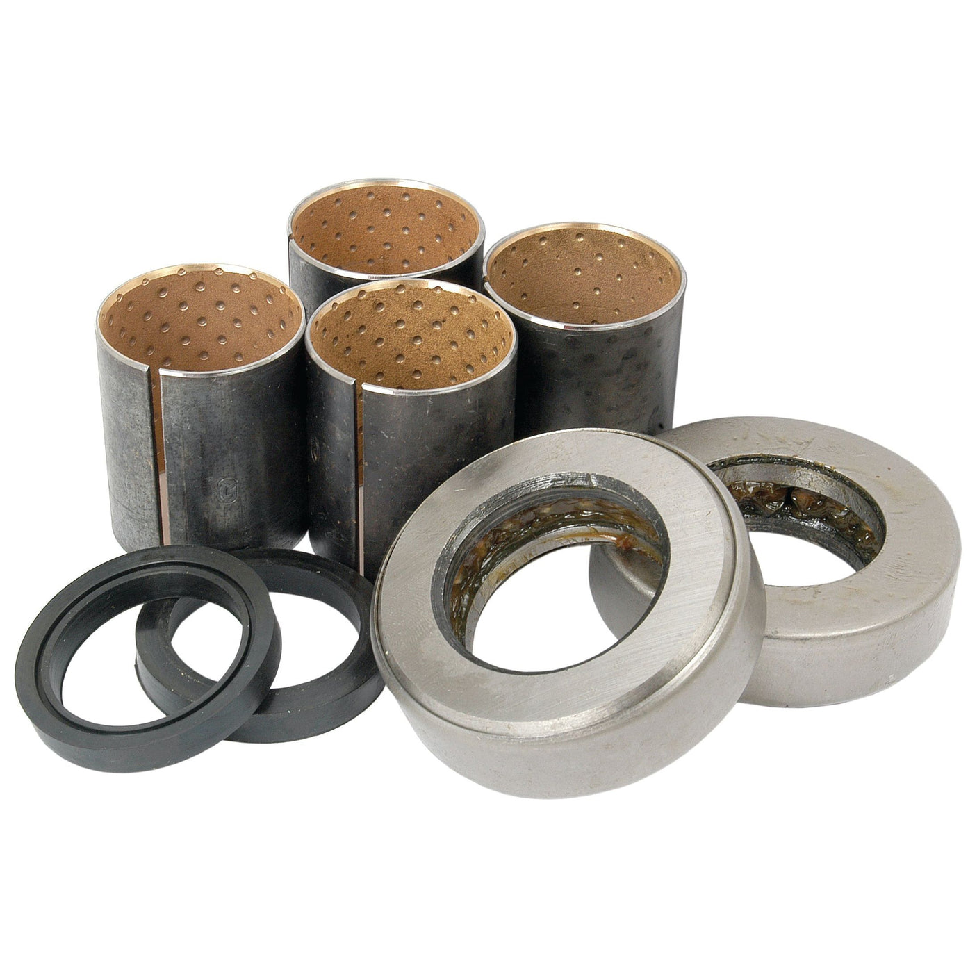 A Sparex Spindle Repair Kit | Part No.S.65737 for Ford New Holland tractors, featuring four cylindrical bushings, two gray metal bearings, and two black rubber washers, carefully arranged on a white background.