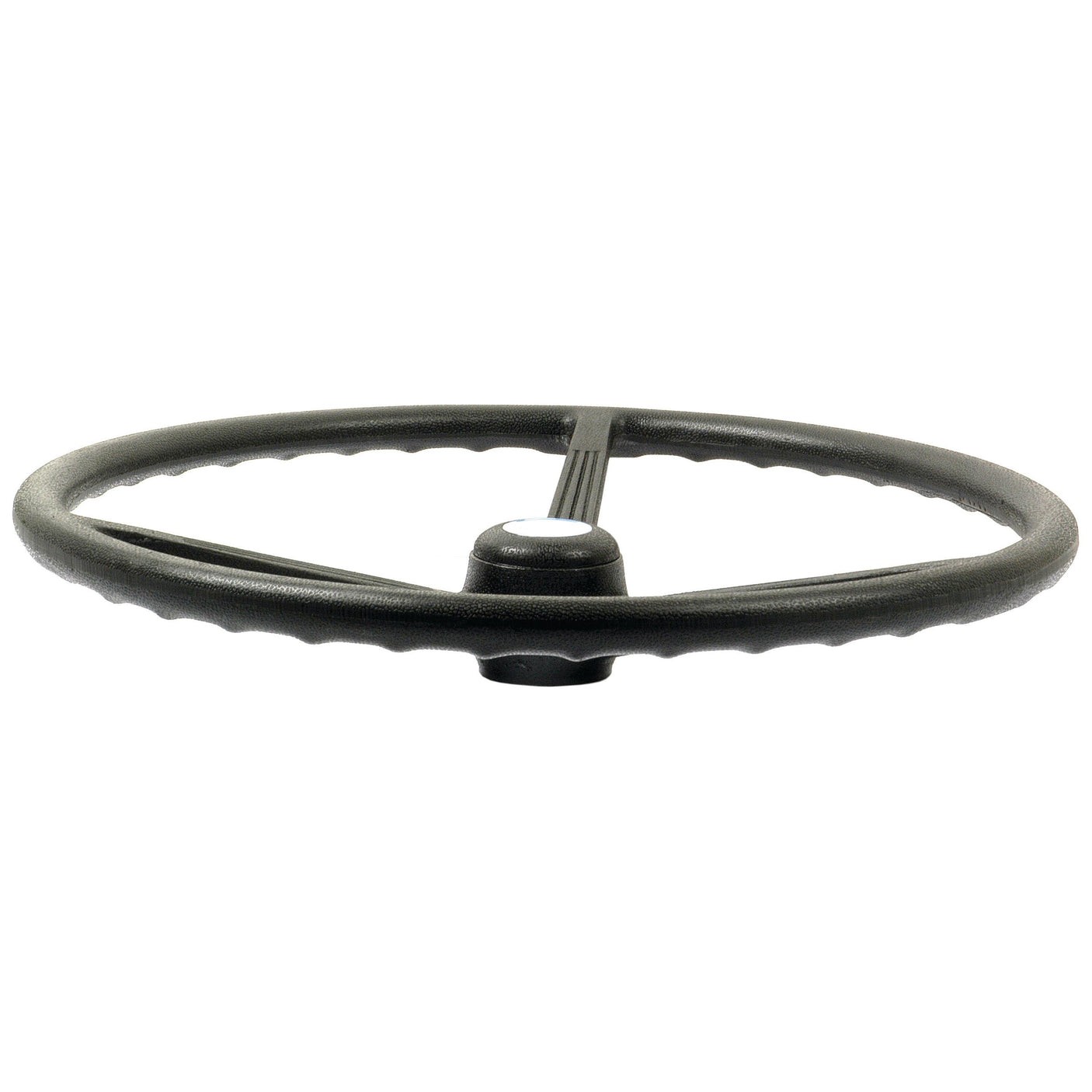 The Sparex Steering Wheel 460mm, Splined (Part No. S.65744) is a black plastic steering wheel designed with a central attachment point, textured grip, and three internal spokes.