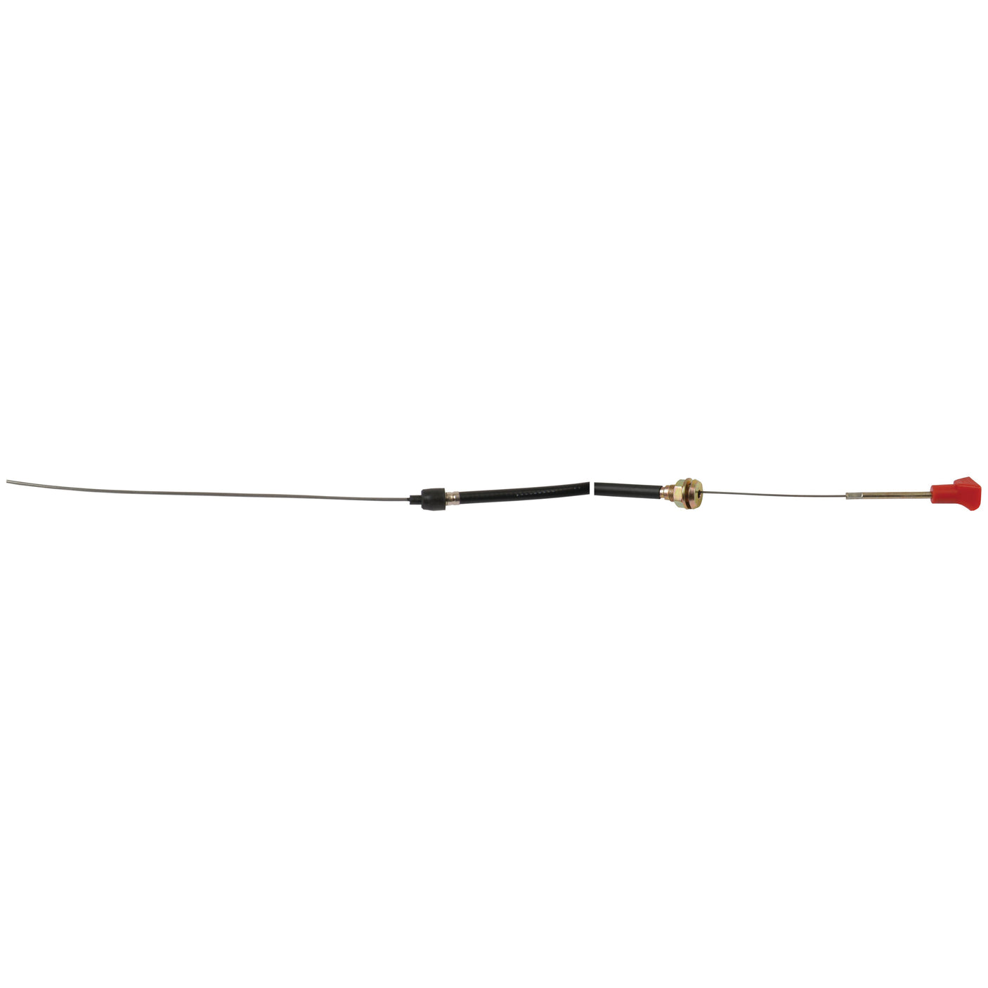 The Sparex Engine Stop Cable (Sparex Part No. S.65746) is a flexible mechanical control cable measuring 1775mm in length with an outer cable length of 1412mm, featuring a threaded end, metal fitting, and a red handle for manual operation; ideal for use in Ford New Holland tractors.