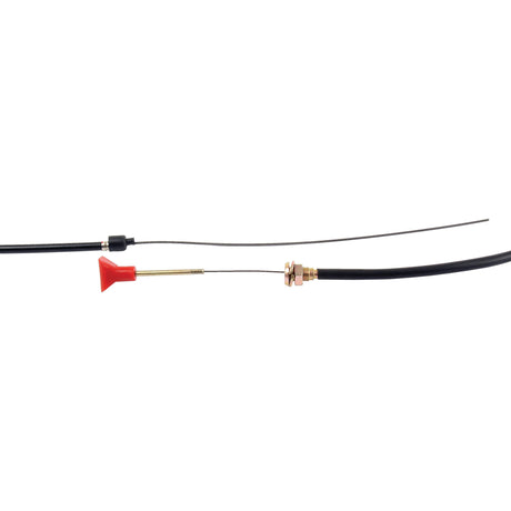 The Sparex Engine Stop Cable (Part No. S.65747) features two long, thin, black cables connected at the midpoint by a small metal and plastic component. The outer cable length is 1612mm, and one cable ends in a red plastic T-handle. With an overall length of 1975mm, this spare part is compatible with Ford/New Holland machinery.