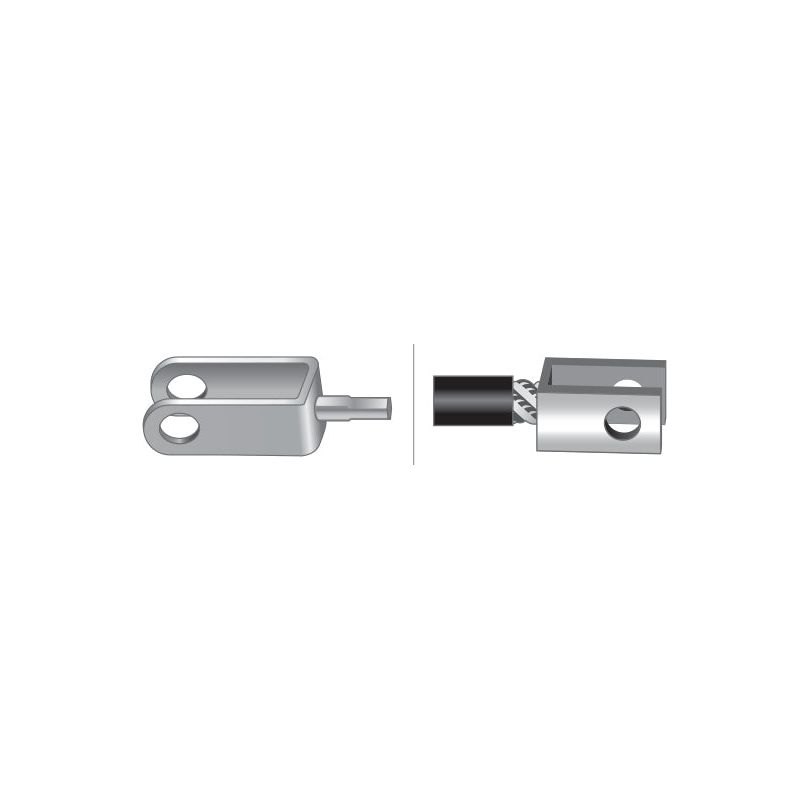 Illustration of two mechanical parts. The left part, a clevis end, has two circular holes and an extension. The right part appears to connect to a Hitch Cable (Sparex Part No.S.65760) from Sparex, which has a total length of 2296mm (90 13/32'') and a cable length of 2024mm (79 11/16'').