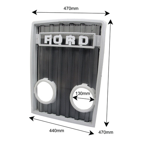 A front part of a Ford New Holland grille with "FORD" written on it, the Sparex Front Grille (Sparex Part No. S.65772), features circular cutouts and dimensions of 470mm in width, 440mm in height, and circles with a diameter of 130mm.