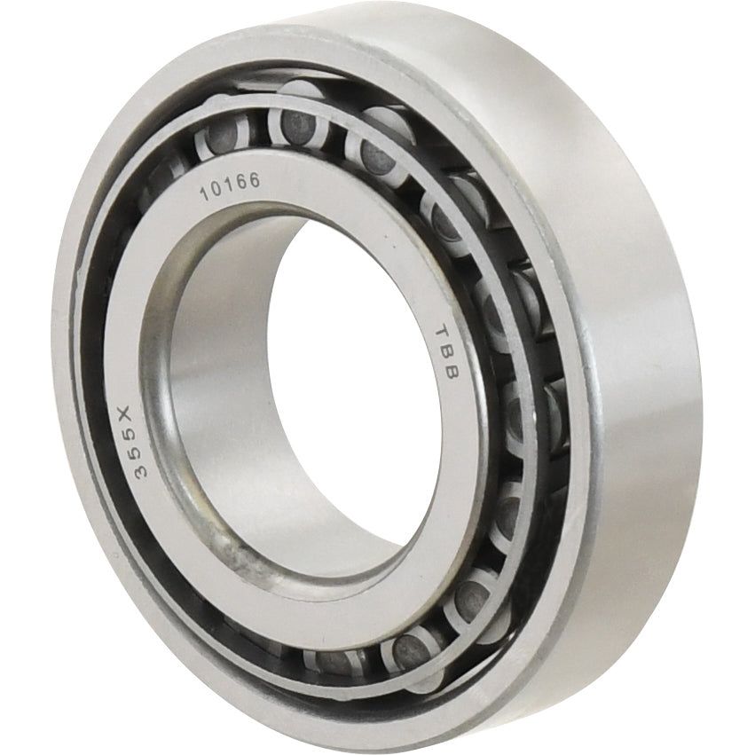 Close-up image of the Sparex Taper Roller Bearing (355X/352) - S.65775, with inscriptions "355 X, 10166, TBB" on the inner ring. The bearing features metal outer and inner rings housing cylindrical rollers. This metric bearing is ideal for various applications and available through Sparex.