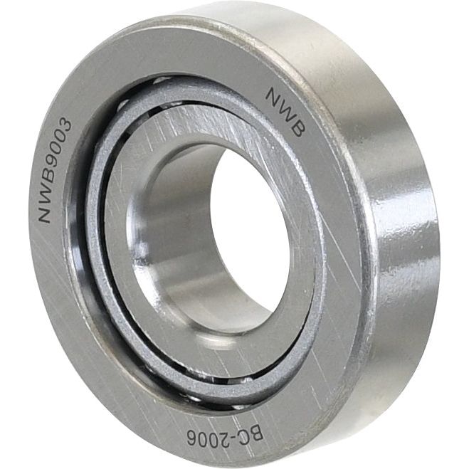 A close-up image of a metal taper roller bearing with engraved markings "NWB9003", "NWB", and "BG 2006". The Sparex Taper Roller Bearing (14118/14283) - S.65776 appears cylindrical, primarily silver in color, and conforms to metric standards.