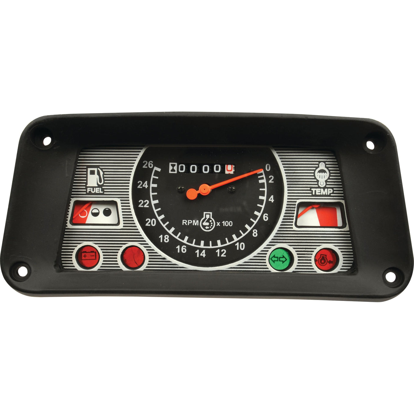 A black and gray Instrument Cluster - S.65800 by Sparex displaying fuel level, engine temperature, speed in RPMs, and various indicator lights, featuring a state-of-the-art Dynamo Drive for enhanced performance.