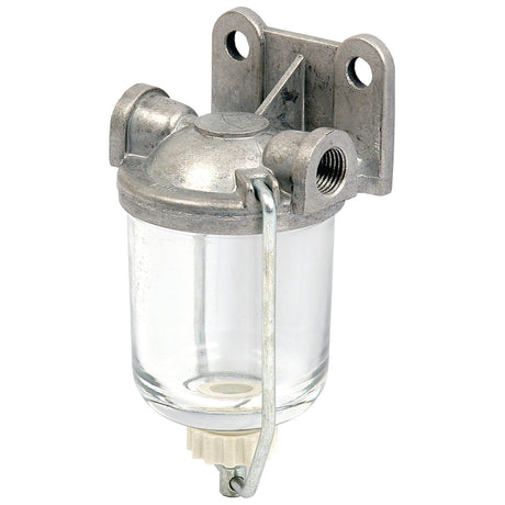 The Fuel Bowl Assembly by Sparex (Part No. S.65801) is a metal and glass fuel filter designed for Ford/New Holland tractors, featuring a cylindrical shape, wall-mounting bracket, and a visible screw cap at the top. It includes a 1/2'' UNF thread for easy installation.