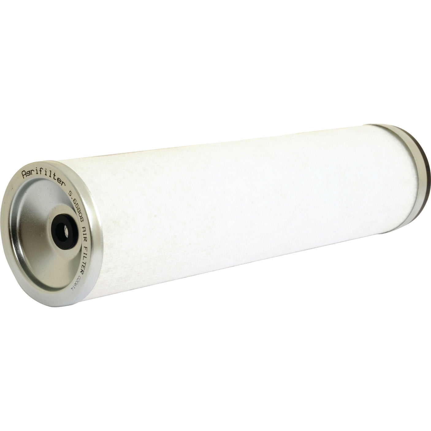 A cylindrical air filter with a white body and metallic end caps, designed for use in Ford New Holland air filtration systems, specifically known as the Air Filter - Inner (Sparex Part No. S.65808) from Sparex.