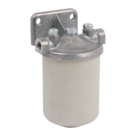 The Sparex Fuel Filter Assembly (Part No. S.65812) is a cylindrical metal and plastic filter that includes a mounting bracket and three screws on top, making it perfect for Ford New Holland machinery.