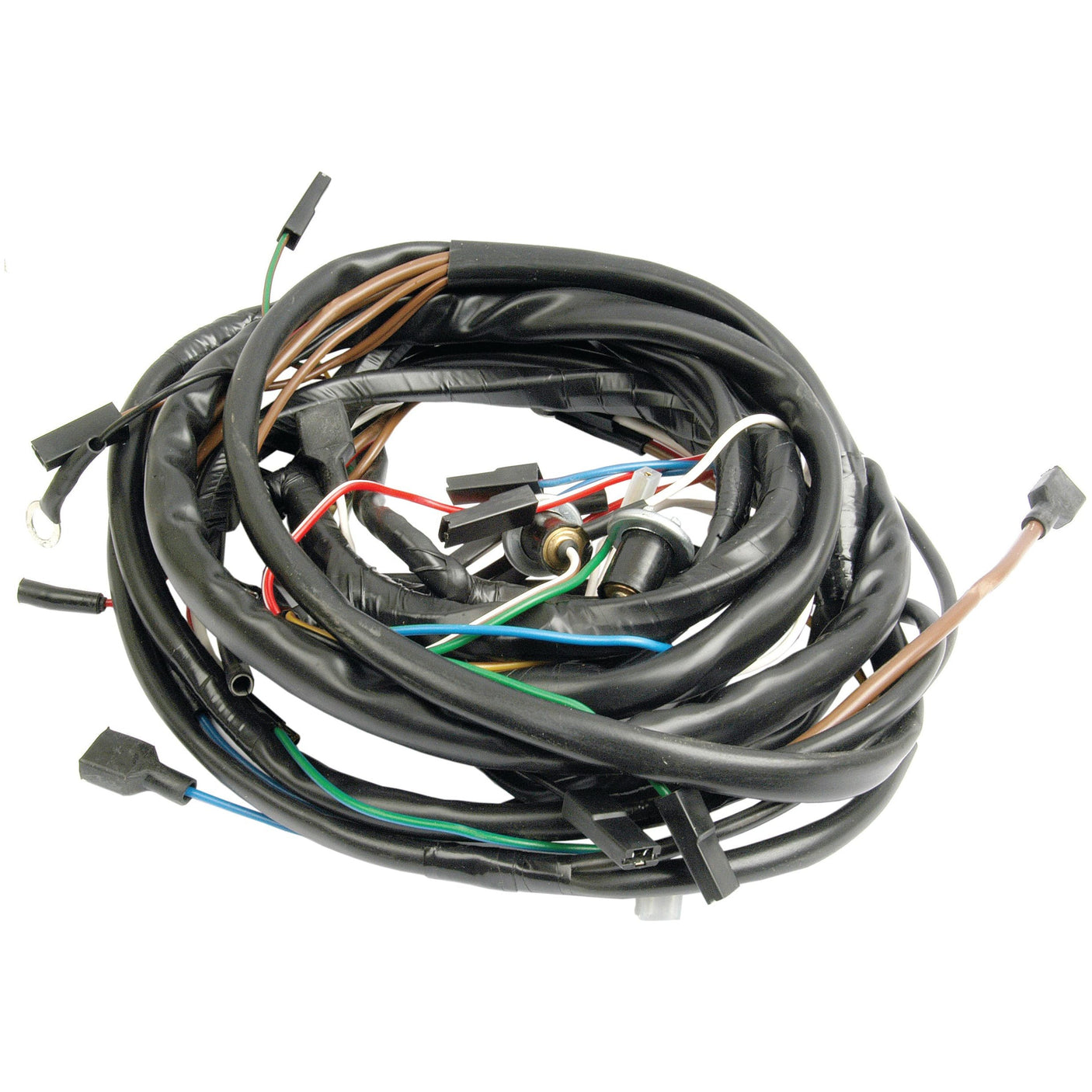 The Wiring Harness, Sparex Part No. S.65817 by Sparex, is a coiled bundle of assorted electrical wiring featuring various connectors and colors like black, brown, green, and white. This versatile harness is perfect for Ford New Holland and Case IH International Harvester machinery.