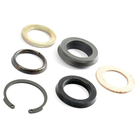 A set of six various seals and rings arranged on a white background, featuring components such as a plastic washer, a metal snap ring, and a foam gasket for Ford/New Holland 2WD power steering cylinder from Sparex, specifically the Seal Kit (Power Steering Cylinder - 2WD), Sparex Part No. S.65818.