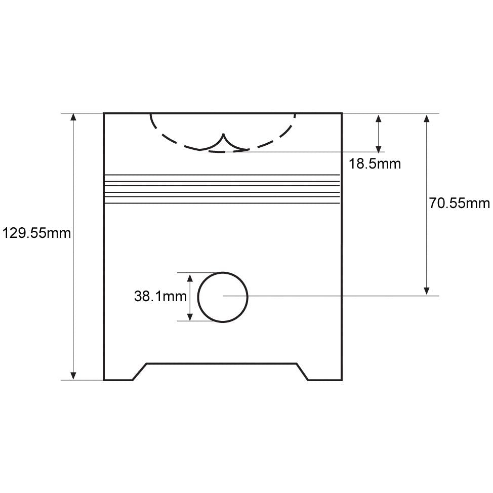 Technical diagram of the Sparex Piston (Standard) - S.65820 showing precise measurements: height 129.55mm, compression height 70.55mm, wide section 18.5mm, and central section bore diameter 38.1mm.