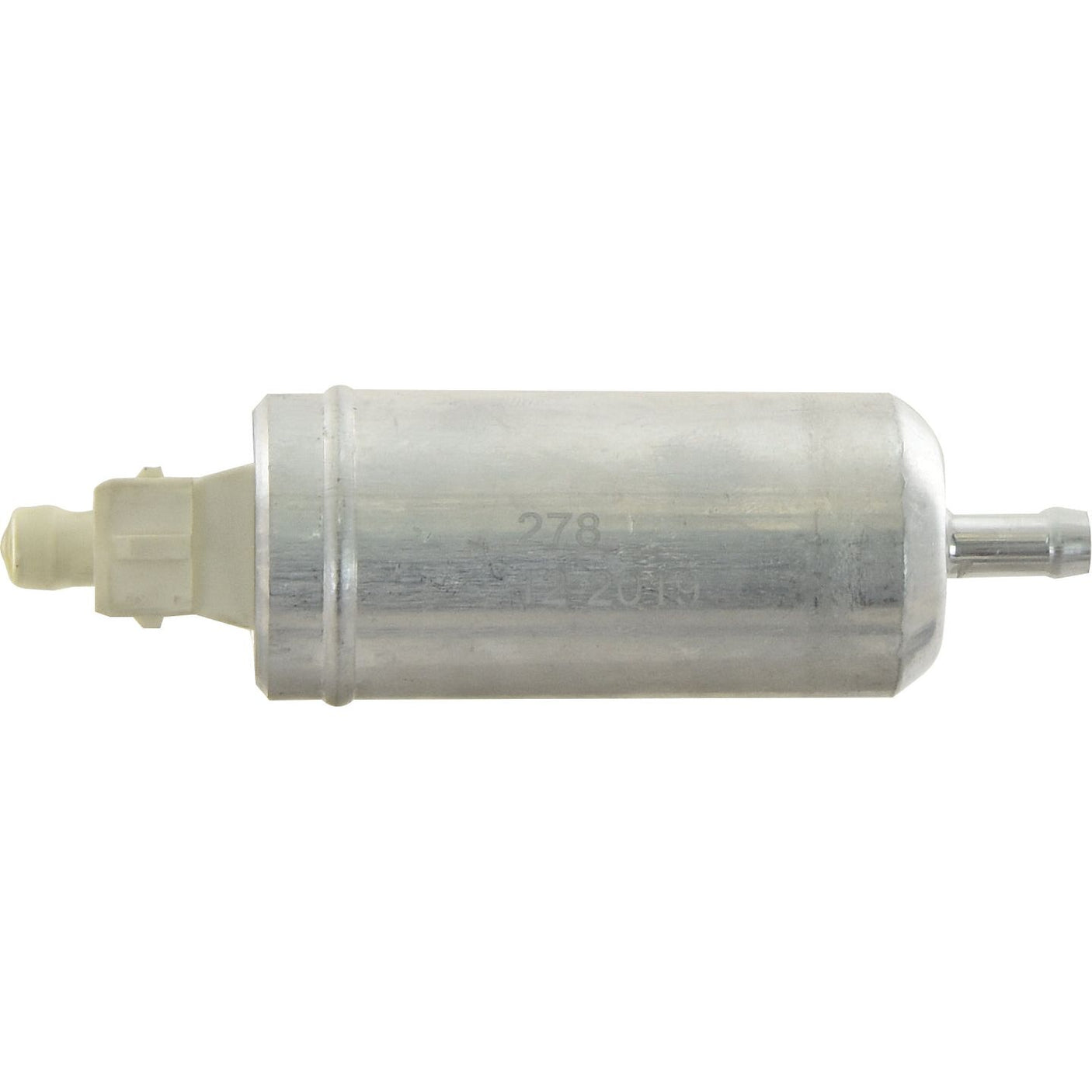 A cylindrical metal fuel pump with plastic connectors at each end, designed to work seamlessly with John Deere equipment. This Sparex electric fuel pump is listed as Part No.S.65836.