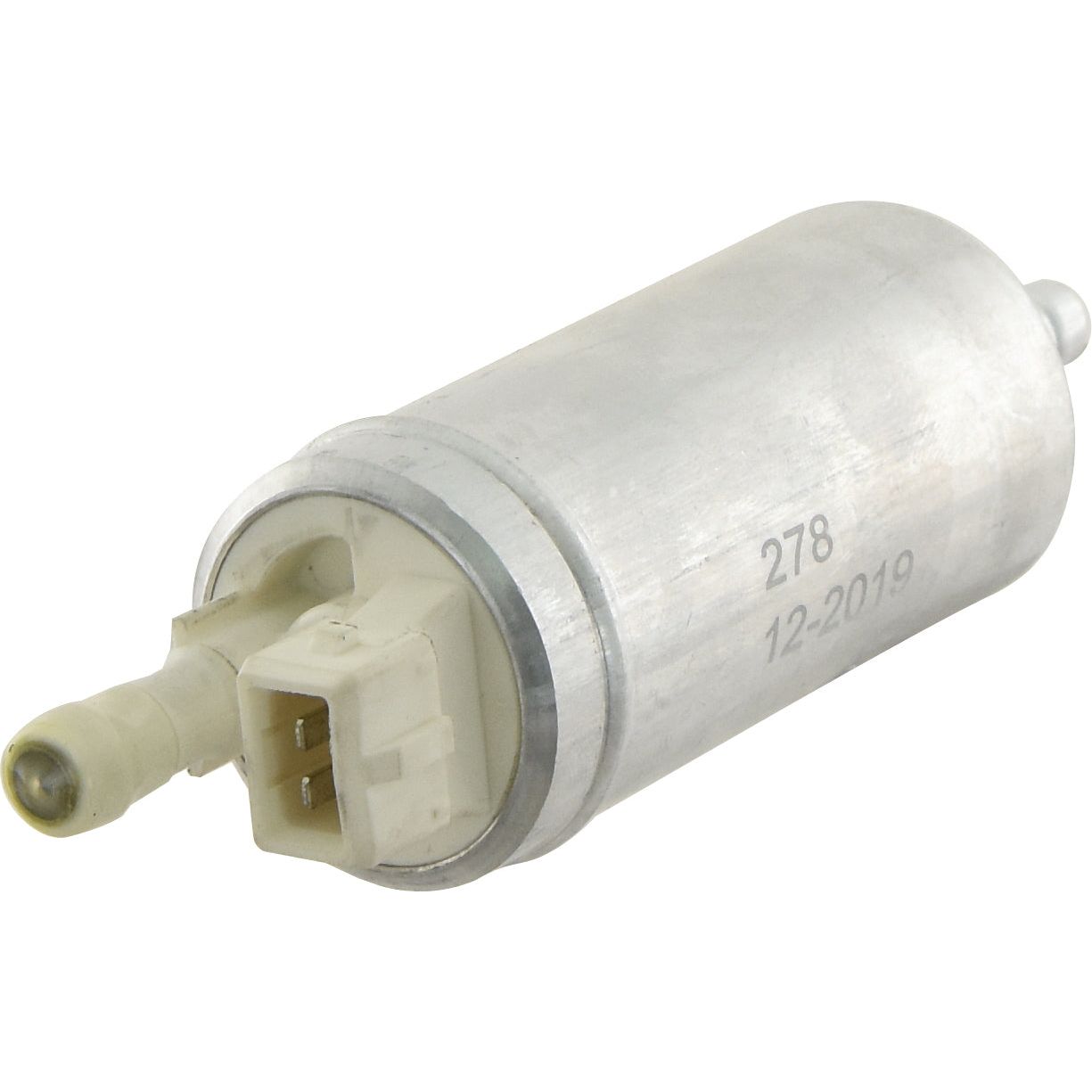 A Sparex Fuel Pump - Electric (Sparex Part No. S.65836), commonly used in John Deere machinery, features a cylindrical metal body with an attached plastic connector and has "278" and "12-2019" engraved on its side.