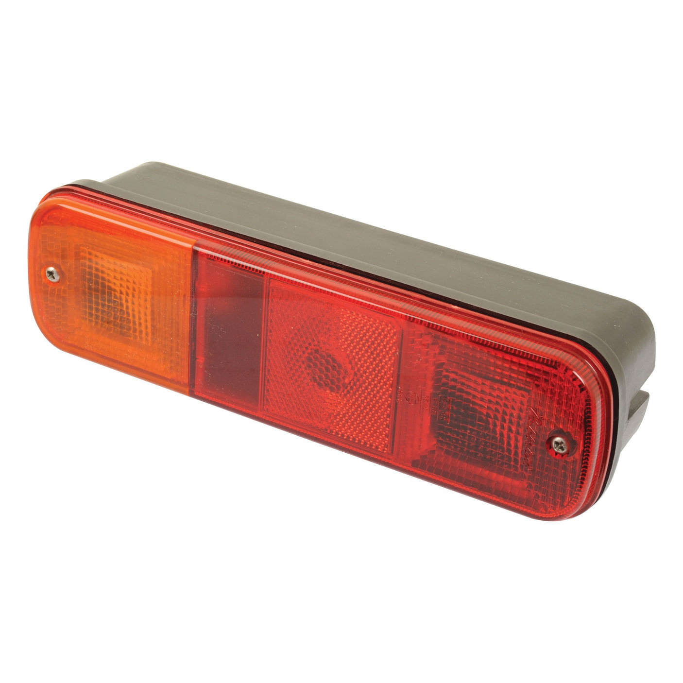 Introducing the Sparex Rear Combination Light, (Halogen), S.65841! This rectangular tail light features a red and amber lens encased in a gray housing, complete with two visible screws on each side. Designed for brake, tail, and indicator functionality at 12V for both right-hand and left-hand sides.