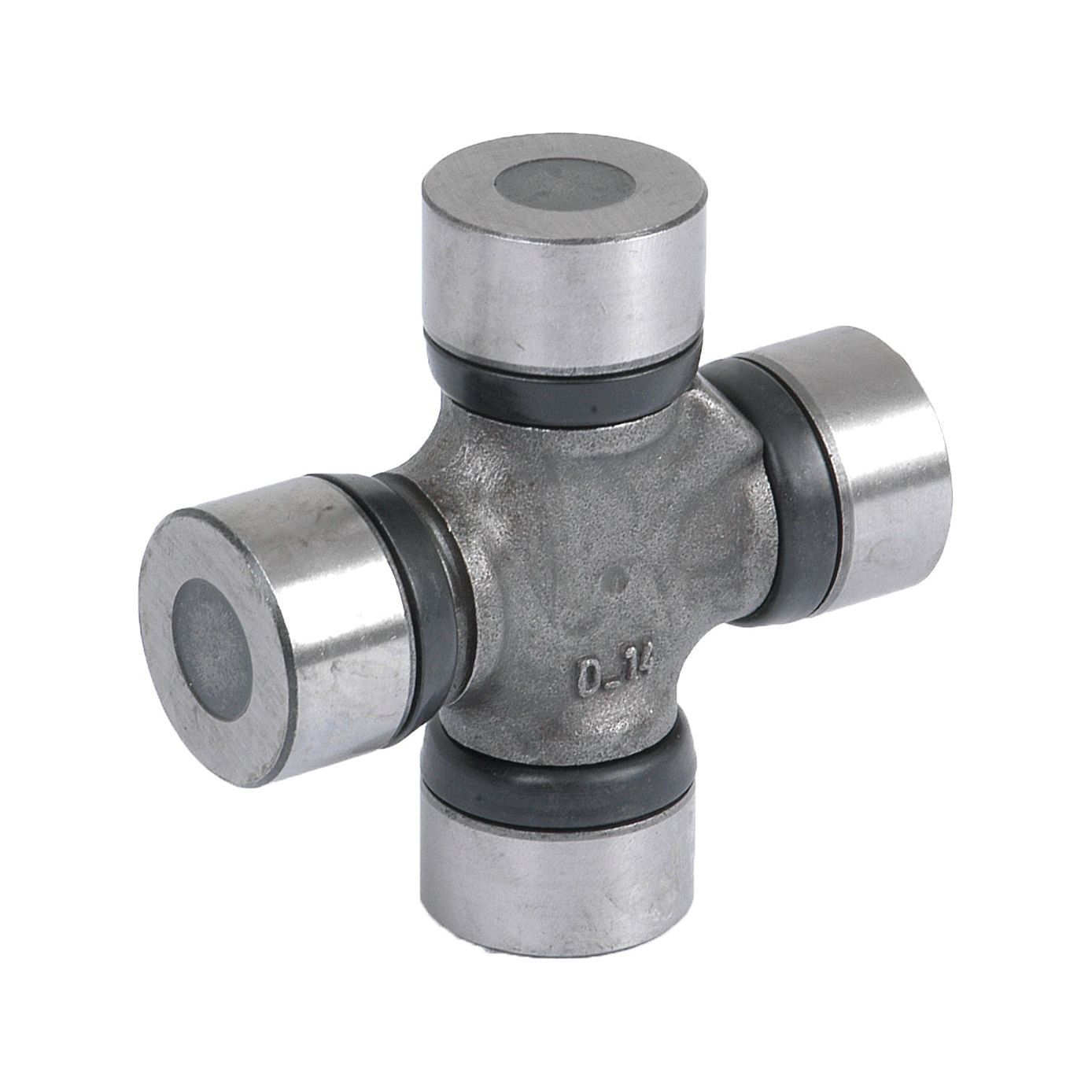 The Sparex Universal Joint 27.0 x 74.6mm (Part No. S.65845) is a metallic component with four cylindrical ends and black rubber rings, specifically designed for mechanical applications to transmit motion between non-parallel shafts, making it ideal for models like the David Brown 1294.