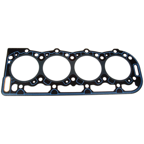 The Sparex Head Gasket - 4 Cyl. (BSD333, BSD442, BSD444, BSD444T, PowerStar 4.0, PowerStar 5.0, PowerStar 5.0T), featuring precise holes for the cylinders and various smaller holes for bolts and fluid passages; black with blue edges. Product No.S.65847