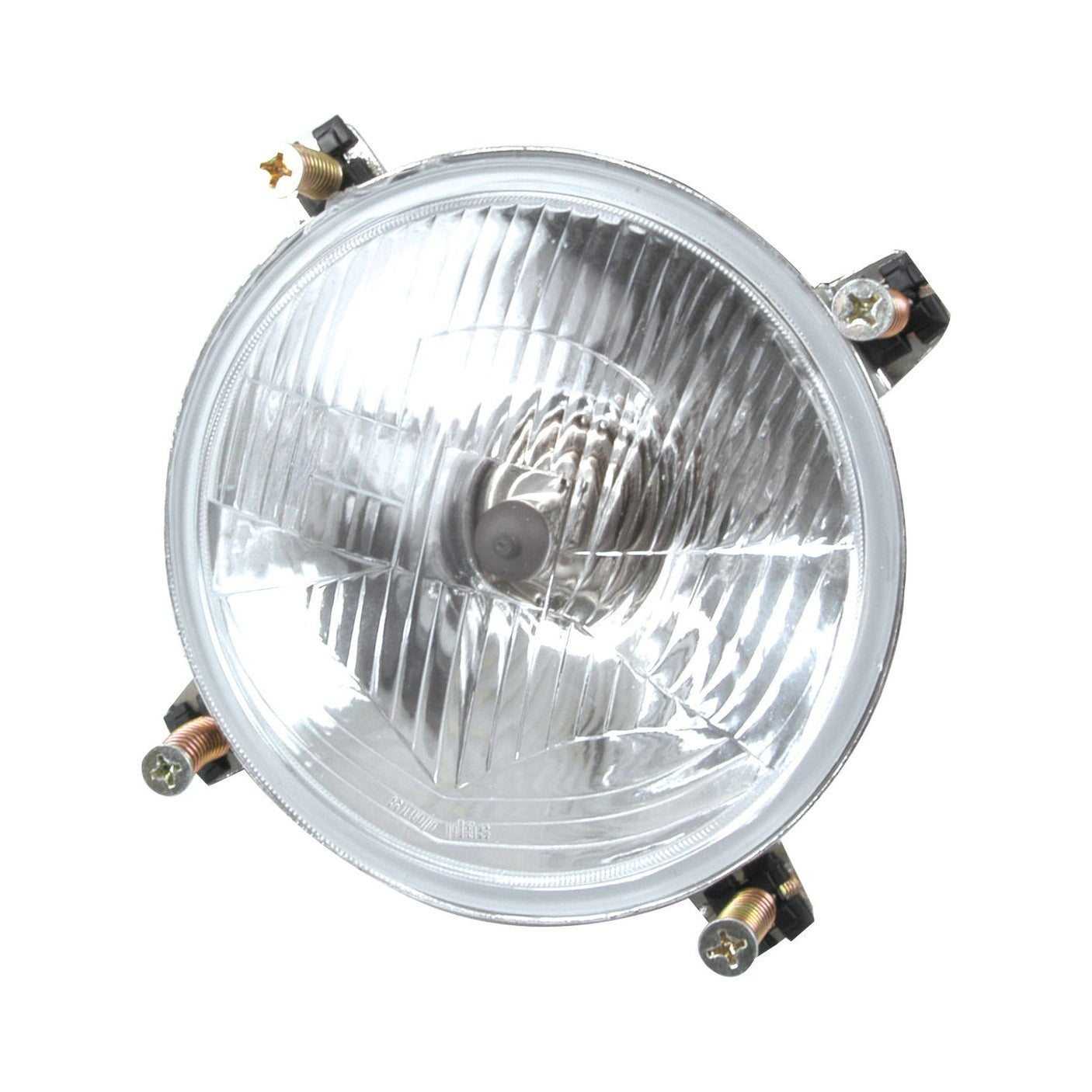 A close-up of the Sparex Head Light, (Halogen), RH & LH, LH Dip, 12V - S.65858 features a round, clear headlight component with mounting hardware, showcasing concentric ridges and securing bolts on the sides. This IP65-rated and E Approved halogen headlight ensures durability and compliance for your vehicle.