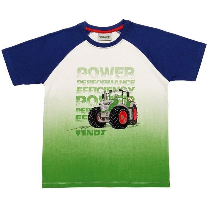 The AGCO Fendt Kid's Multi-Colour T-Shirt (X99101712C) showcases a gradient from blue on the sleeves to green at the bottom, adorned with an illustration of a Fendt 1050 Vario tractor and the words "POWER, PERFORMANCE, EFFICIENCY, FENDT.