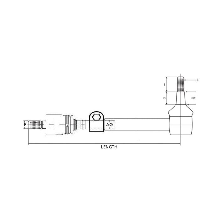 Technical diagram of the Track Rod/Drag Link Assembly Kit, Sparex Part No. S.65863, labeled with various dimensions including length and several other parameters like A, B, C, E, and F. Specifically designed for Ford / New Holland vehicles by Sparex, this illustration details the track rod's precise specifications for optimal performance.