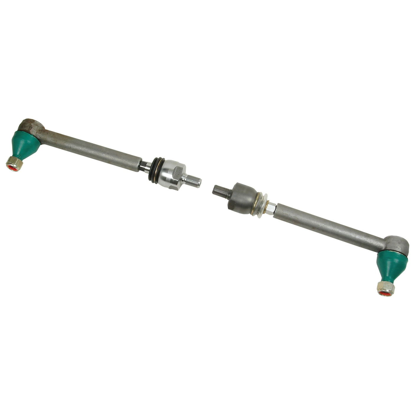 Two metal Track Rods, separated in the middle, with green rubber ends and M18 x 1.5 female threaded connectors (220mm - S.65869). Perfect for your Sparex needs.