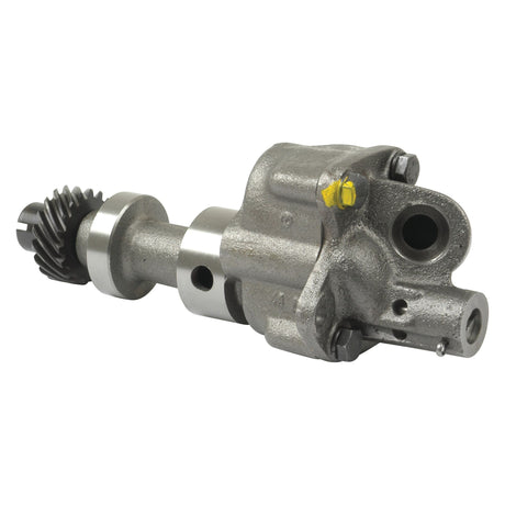 A metal engine component with cylindrical and gear-like parts, featuring multiple holes and a grey metallic finish, resembling the precision-crafted Engine Oil Pump by Sparex (Part No.S.65878).