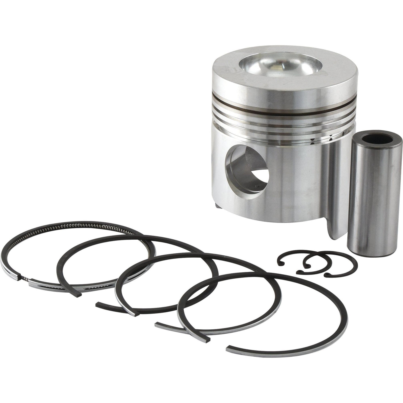 A disassembled Sparex Piston & Ring Set (Sparex Part No. S.65884), featuring a piston, Al-Fin Ring, wrist pin, and retaining clips, is displayed on a white background. Ideal for Ford tractors and available through Sparex.