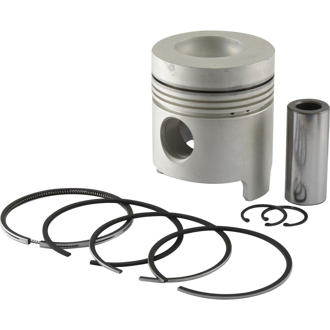 A Sparex Piston & Ring Set (Sparex Part No. S.65886) with piston rings, a pin, and circlips is arranged on a white background—perfect for your Ford New Holland machinery.