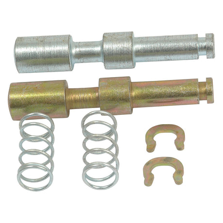 Two metal cylindrical components, two coiled springs, and two C-shaped clips are arranged on a white background, featuring the Sparex PTO Yoke Pin - Pin Ø: 13.75mm (Agripak 2 pcs.), Part No. S.6588.