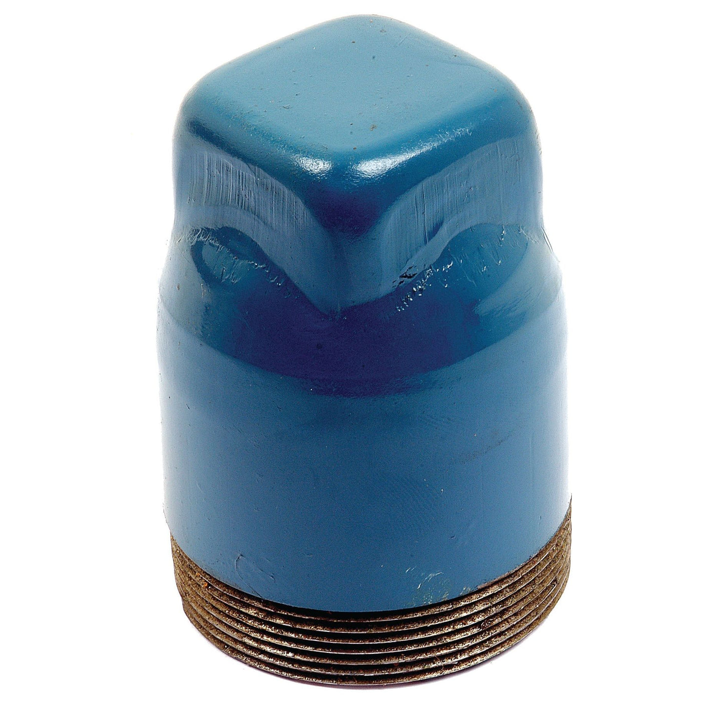 Close-up image of a blue, metal PTO Cap by Sparex, Part No. S.65894, featuring a square-shaped cap and designed to protect the 65mm male thread on pipes or tubes during storage or transport. Known for its durability and ideal for use as a P.T.O. Cap.