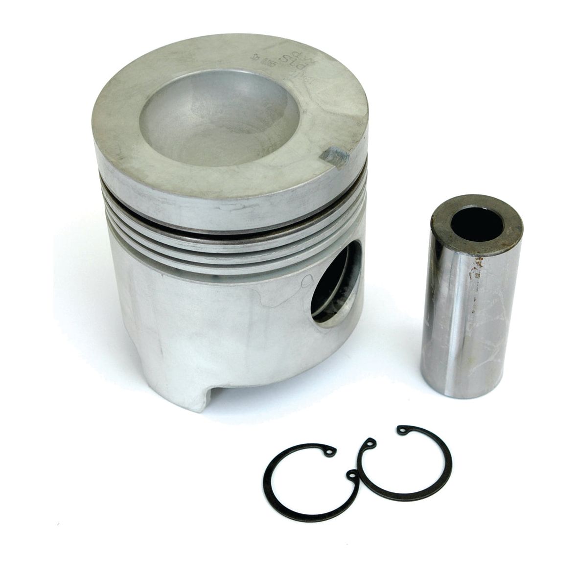 A single Sparex Piston (Standard) - S.65897 featuring two slots, accompanied by a cylindrical pin and two circular retaining clips, all arranged on a white surface. The piston length highlights precision engineering for optimal performance.