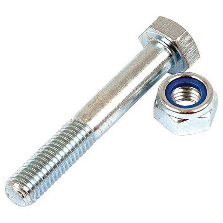 A Shear Bolt, 8 x 50mm (8.8) from Sparex (Part No.S.6590), featuring a zinc-plated metal construction with a hexagonal head and a partially threaded shaft, is placed next to a hex nut containing a blue nylon insert.