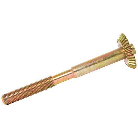 Presenting the Sparex Levelling Box Shaft (Sparex Part No. S.65971): A gold-colored bolt with a threaded end and a flat, cogged head designed for fastening or mechanical purposes. Ideal for Ford/New Holland applications, it features a durable 1 1/4 UNC thread type and precisely engineered splines with 32 teeth.