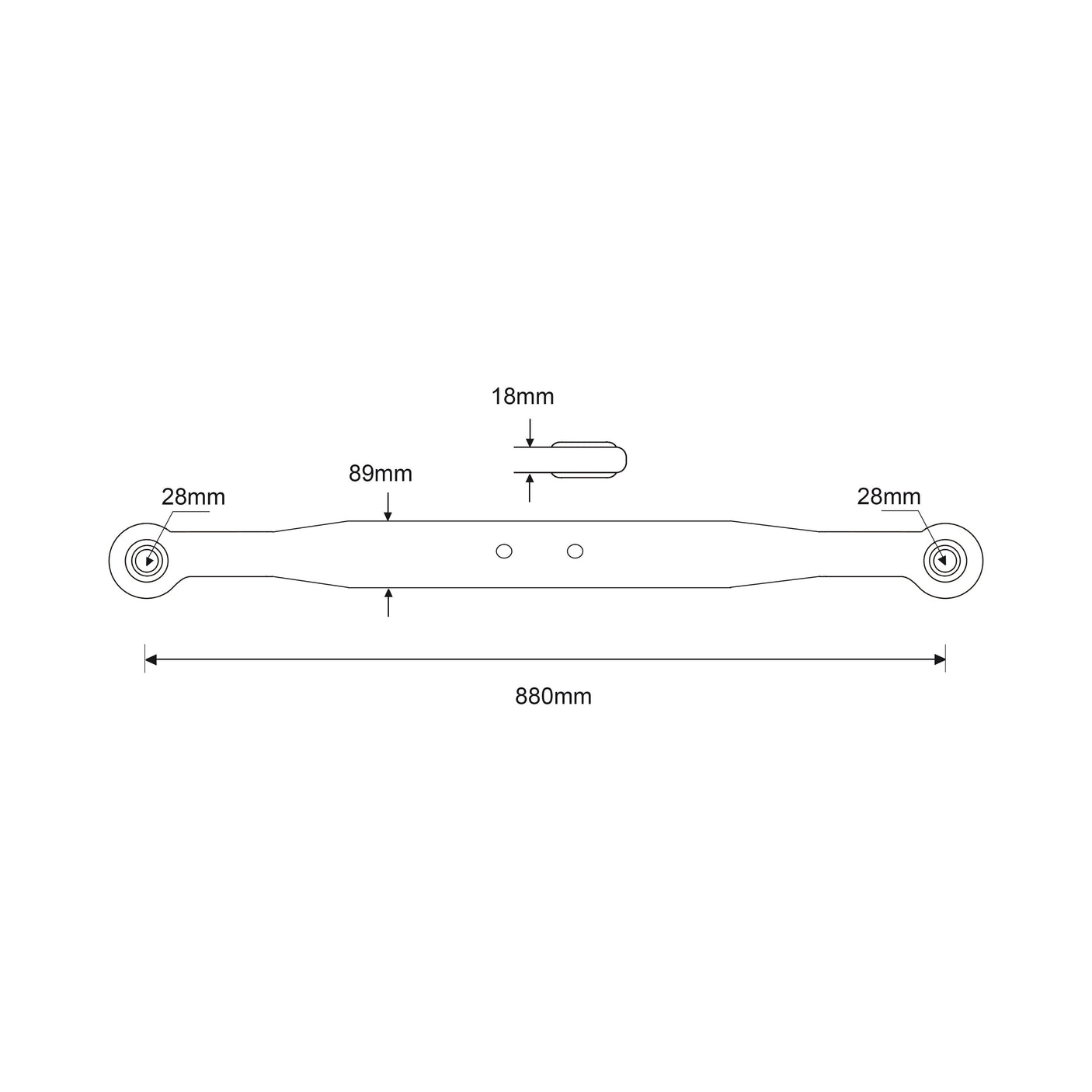 A technical drawing of the Lower Link Lift Arm - Ball Ø 28mm - RH & LH (Sparex Part No. S.65972), suitable for Ford/New Holland machines, with dimensions labeled including a total length of 880mm, width of 18mm, and other specified measurements at various points.