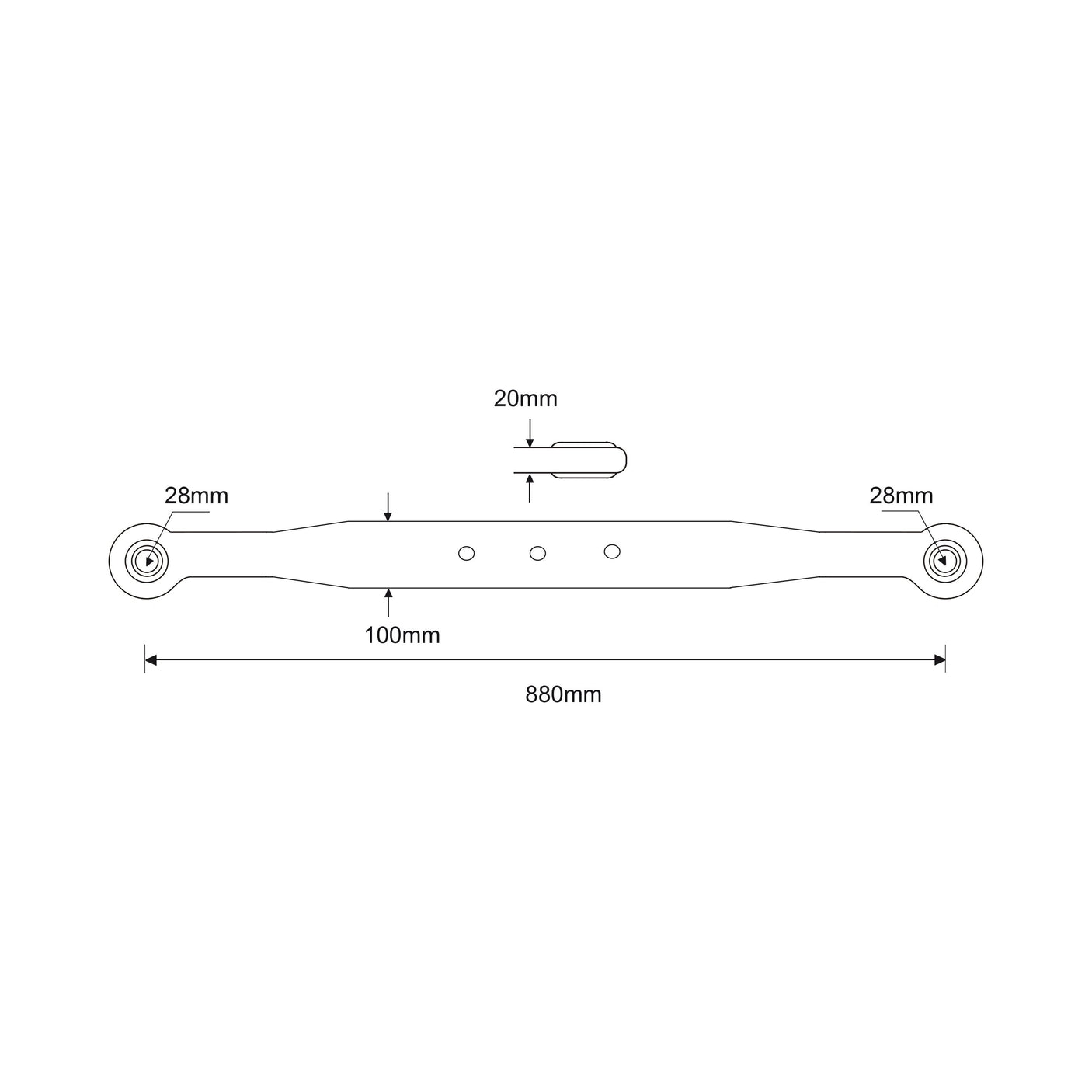 Technical diagram of a Lower Link Lift Arm (Sparex Part No. S.65974) showcasing a metal bar with a length of 880mm and holes spaced at 100mm intervals, featuring a central width of 20mm, an end width of 28mm, and a thickness of 20mm.