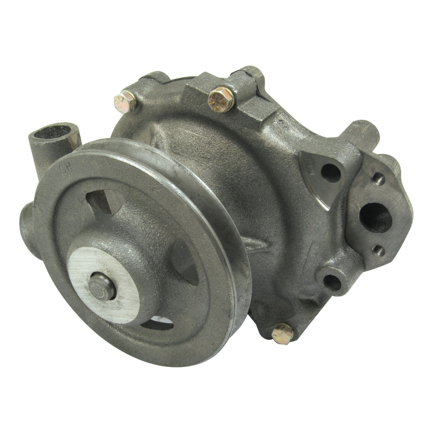 The Sparex Water Pump Assembly (Supplied with Pulley) | Sparex Part No.S.65982, is a metallic mechanical part with a single groove wheel and several bolts, featuring a cylindrical body and openings on the sides; ideal for Ford / New Holland applications.