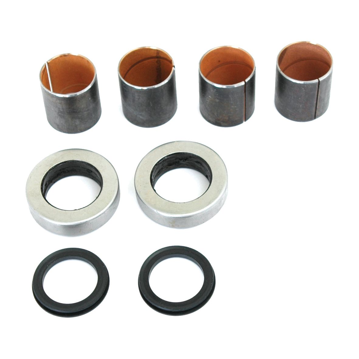 Six cylindrical mechanical parts, including four metal bushings, two large washers, and two smaller round seals, laid out on a white background. Ideal for a spindle repair kit on Ford/New Holland models. Product featured: Spindle Repair Kit | Sparex Part No.S.65986 by Sparex.