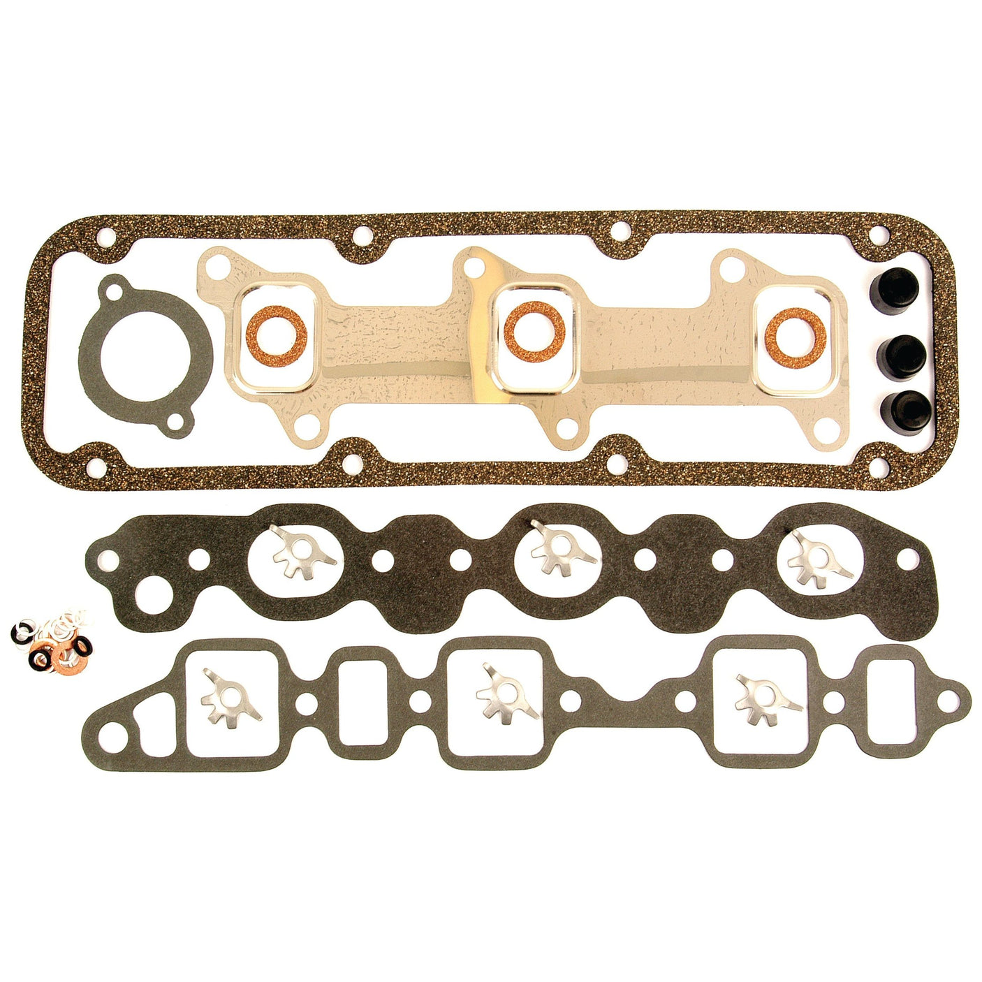 Introducing the Sparex Top Gasket Set - 3 Cyl. (Part No. S.65992), expertly designed for Ford New Holland engines. This detailed set includes vital engine gaskets and seals, such as a head gasket, exhaust manifold gasket, and individual seals, all carefully arranged on a white background.