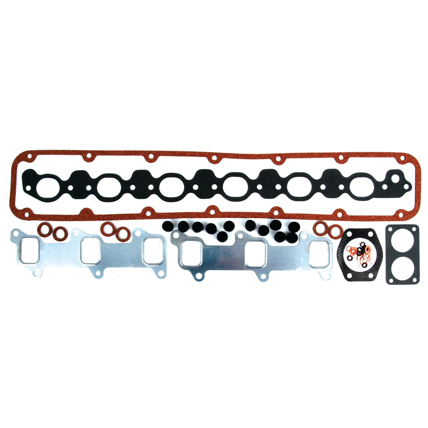 A set of gaskets and seals for a Ford engine, featuring a long head gasket, intake manifold gaskets, and various smaller O-rings and seals, all neatly arranged on a white background. This Top Gasket Set - 6 Cyl. (BSD666) from Sparex (Sparex Part No. S.65994) ensures optimal performance.