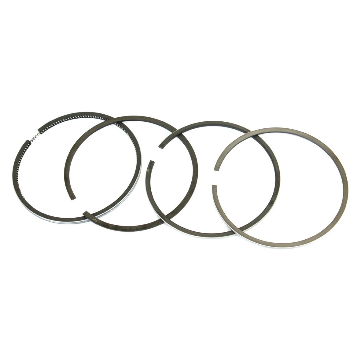 Four Piston Rings by Sparex (Part No. S.65995), featuring metal construction and varying thicknesses, including chrome plated options, are lined up against a plain white background—a perfect fit for Ford New Holland Tractors.