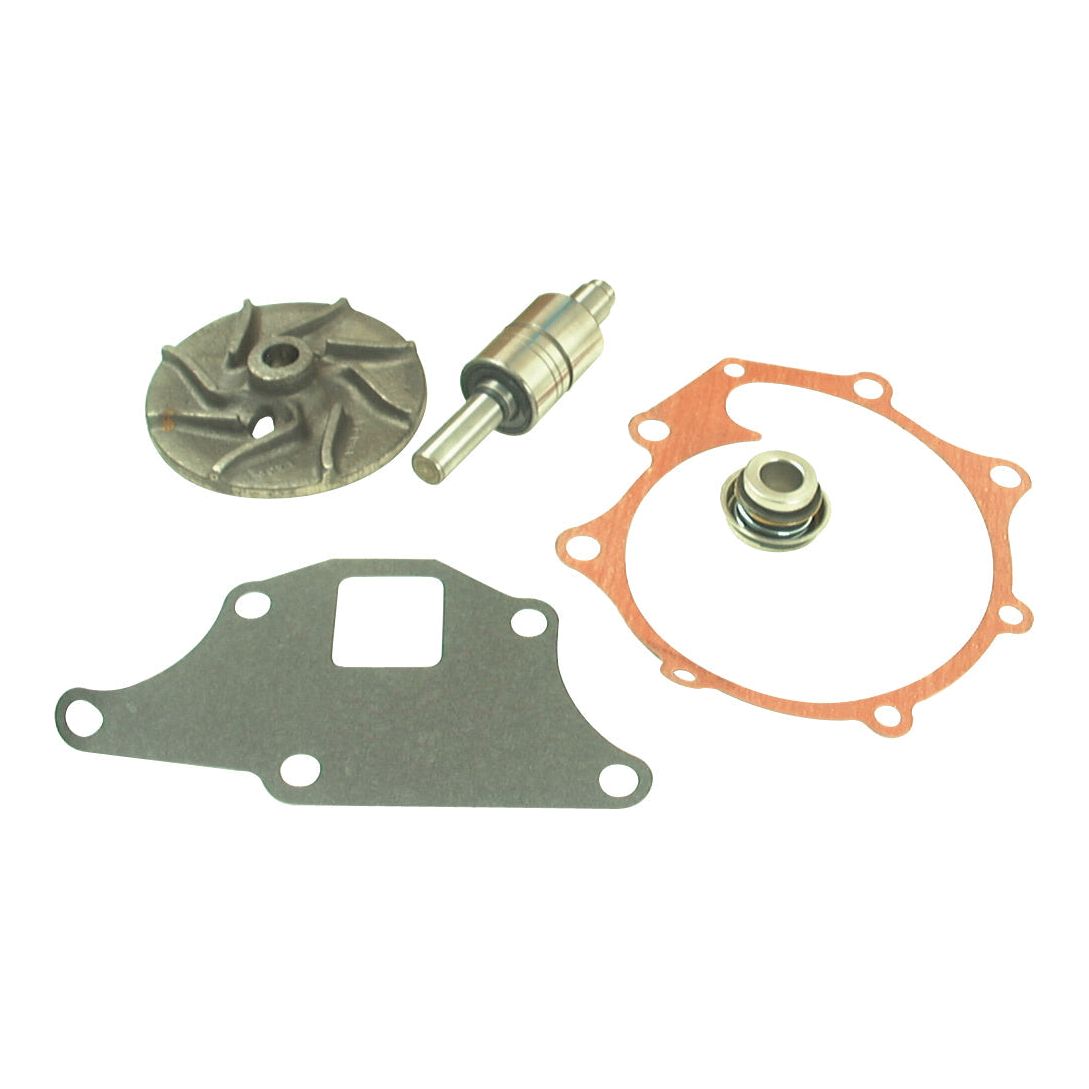 Introducing the Water Pump Repair Kit | Sparex Part No.S.66011, a reliable collection of automotive parts from Sparex. This kit includes a metal impeller, a cylindrical bearing, a circular gasket, a black gasket with a rectangular cutout, and a small metal cap—perfect for your water pump repair needs on Ford New Holland vehicles.