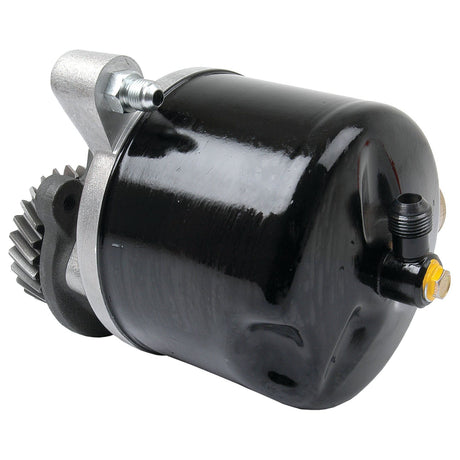 A black hydraulic filter assembly with metal fittings and a threaded connection, compatible with Ford / New Holland power steering pumps, available under the product name "Power Steering Pump | Sparex Part No.S.66015" by Sparex.