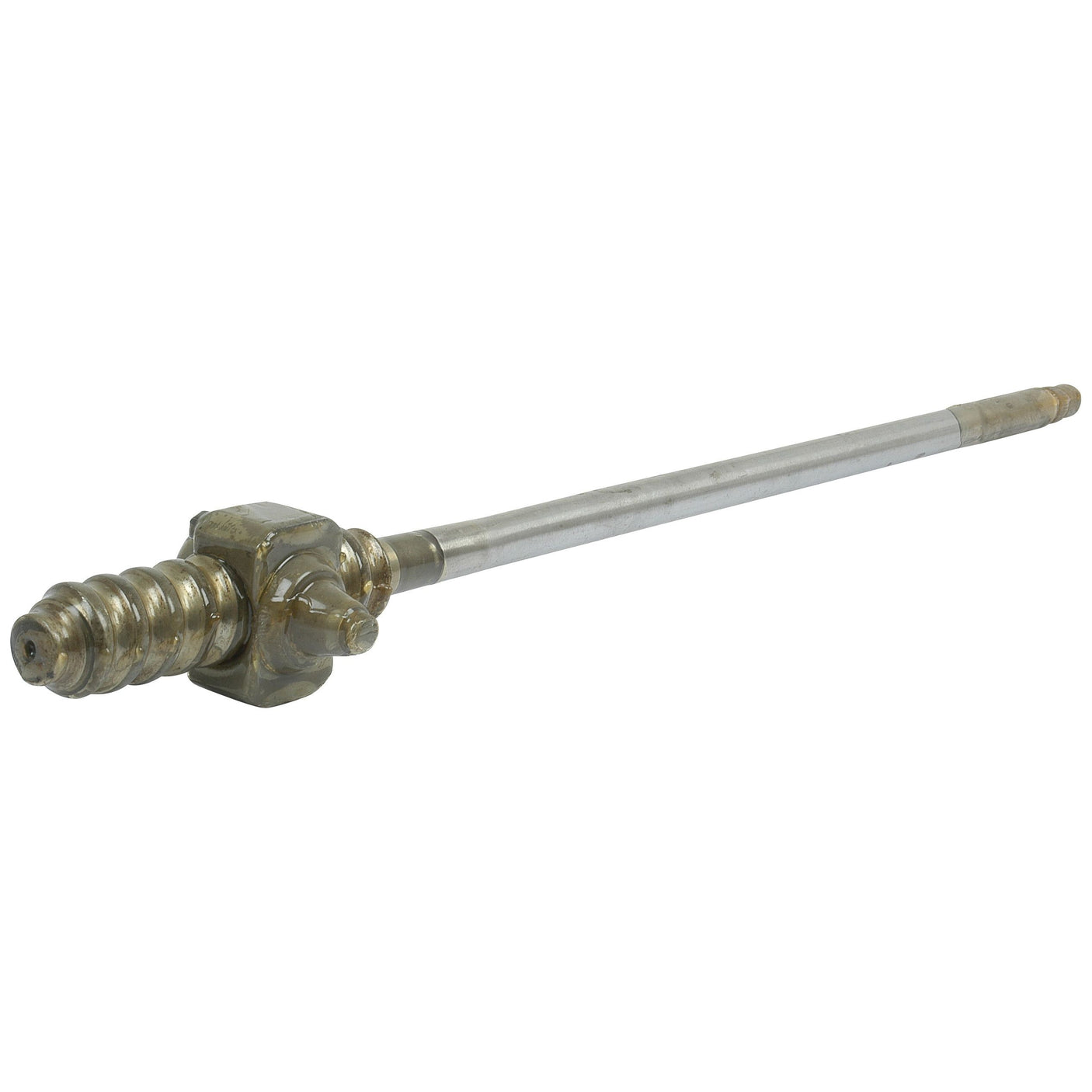 A metal threaded rod with a helical gear and a smooth shaft, the Sparex Steering Shaft (Part No. S.66023) is designed specifically for Ford New Holland machinery.