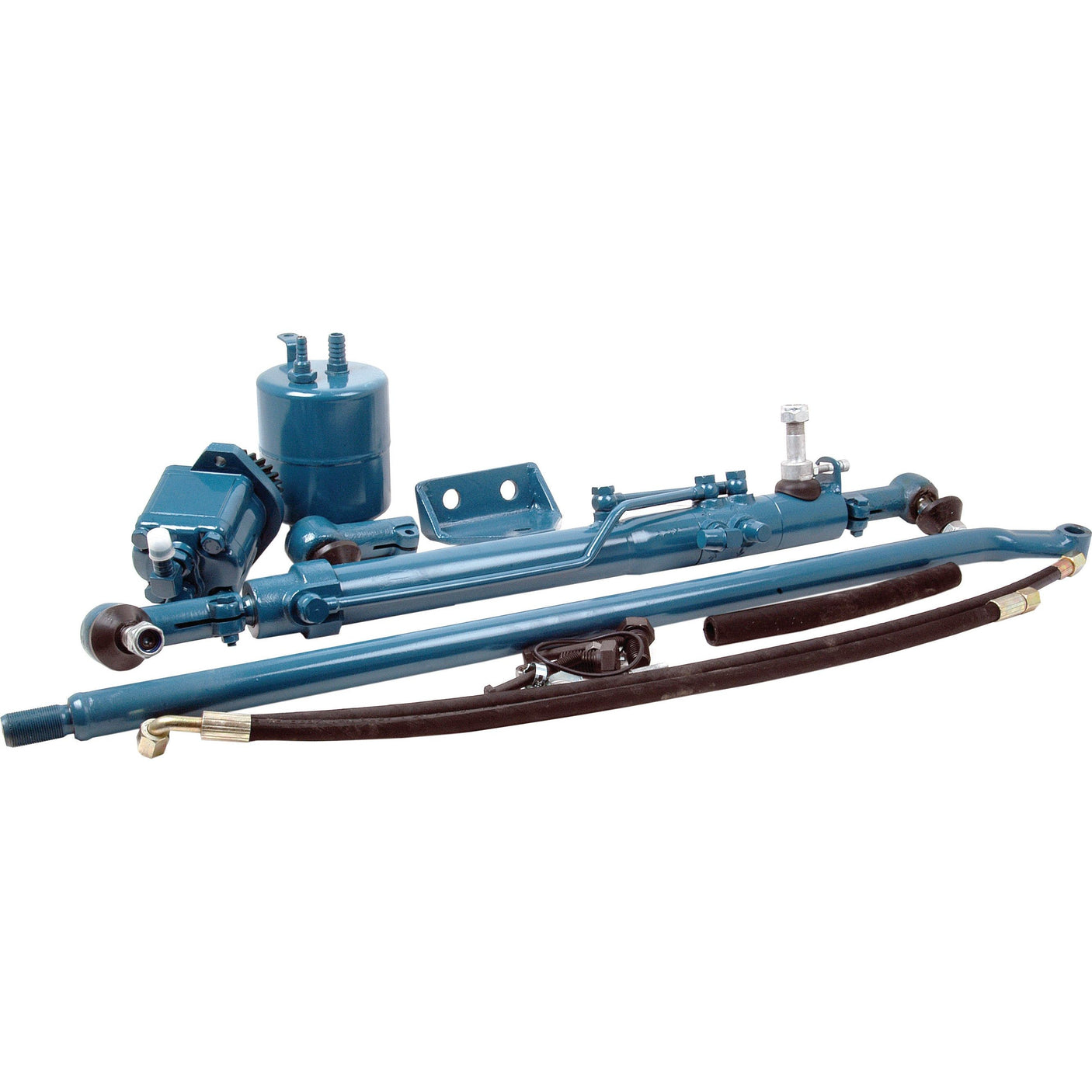 A Sparex Power Steering Conversion Kit (Not Original Type Kit) | Sparex Part No.S.66026, featuring blue hydraulic components such as a cylinder, pump, hoses, and mounting brackets, all arranged on a white background.