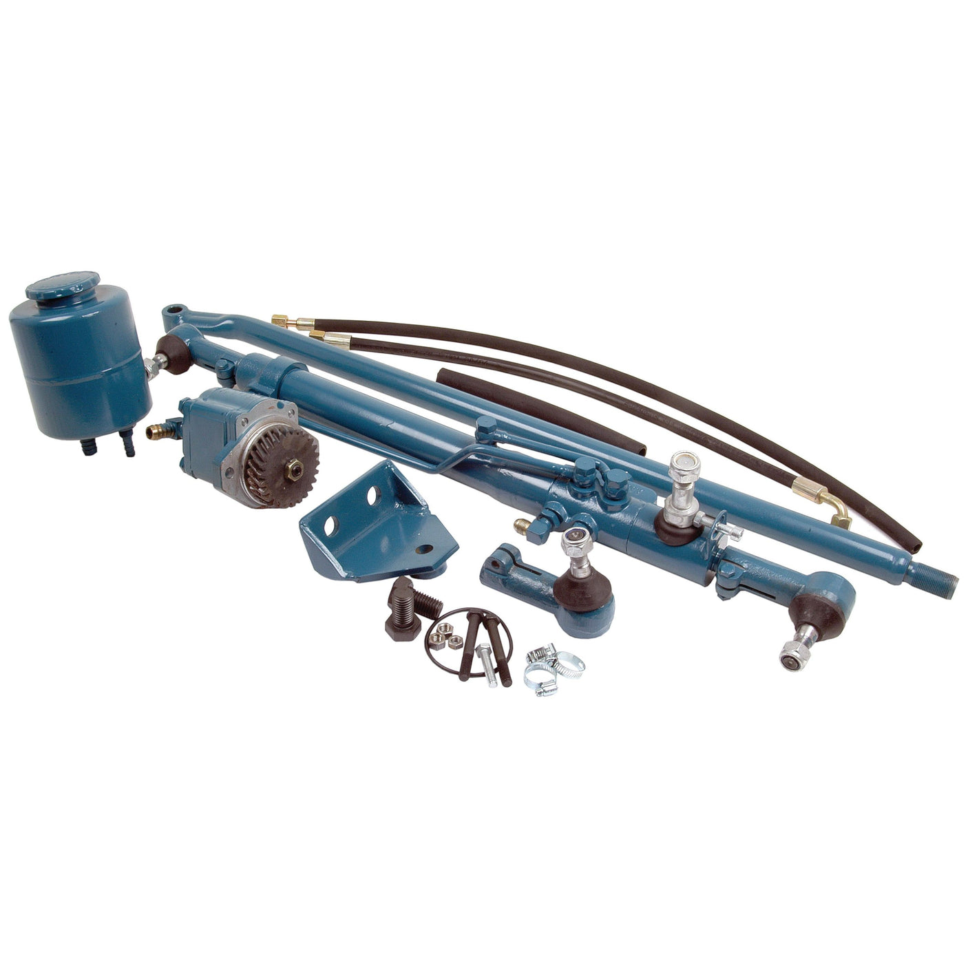 Hydraulic steering system components, including a pump, hoses, reservoir, and mounting hardware, are showcased on a white background. Ideal for your Ford/New Holland equipment, the Power Steering Conversion Kit (Not Original Type Kit) | Sparex Part No.S.66026 ensures precision handling and is compatible with Sparex products.