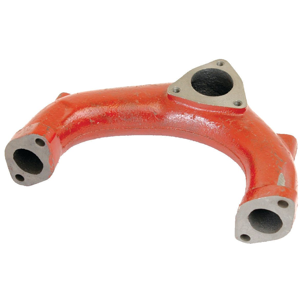 A red metal pipe, similar to a horizontal exhaust manifold with multiple flanges and openings, likely part of an industrial or automotive system, matches the description of the Sparex Exhaust Manifold (3 Cyl.), Sparex Part No.S.66046.